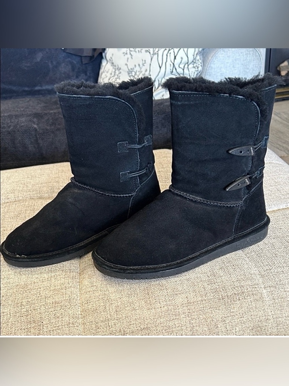 BEAR PAW ABIGAIL WOMENS BUTTON FLAT BLACK SUEDE SNOW BOOTIES SZ 10